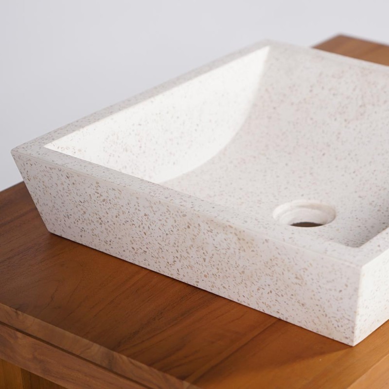 Meuble de salle de bain en teck massif et vasque en terazzo blanc - Meera