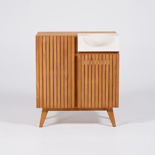 Meuble lave-mains en bois de teck massif et vasque en terrazzo blanc - Neela