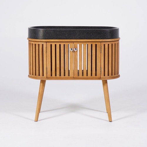 Meuble de salle de bain 90 cm en teck massif et vasque en terrazzo noir - Keya