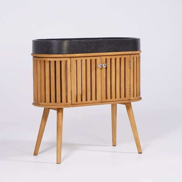 Meuble de salle de bain 90 cm en teck massif et vasque en terrazzo noir - Keya