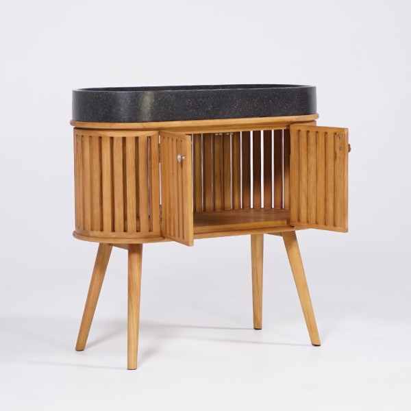 Meuble de salle de bain 90 cm en teck massif et vasque en terrazzo noir - Keya