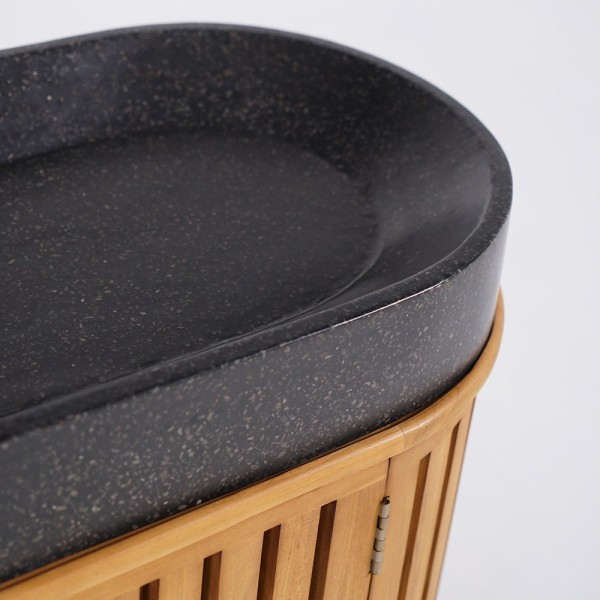 Meuble de salle de bain 90 cm en teck massif et vasque en terrazzo noir - Keya