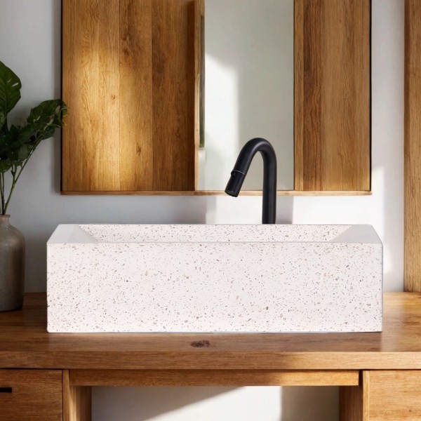 Vasque rectangulaire en terrazzo blanc 45 cm x 40 cm - Mayuri