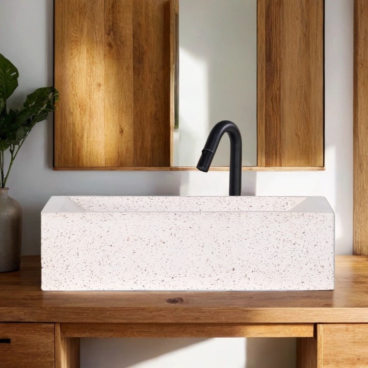 Vasque rectangulaire en terrazzo blanc 45 cm x 40 cm - Mayuri