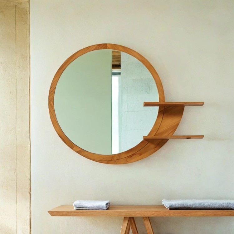 Miroir ovale avec encadrement et tablettes intégrees en teck - Leela