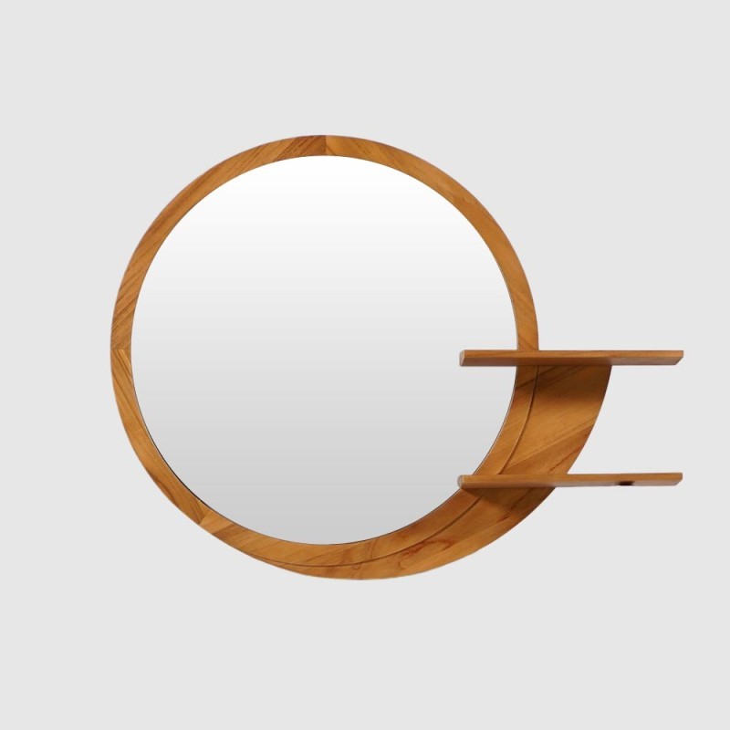 Miroir ovale avec encadrement et tablettes intégrees en teck - Leela