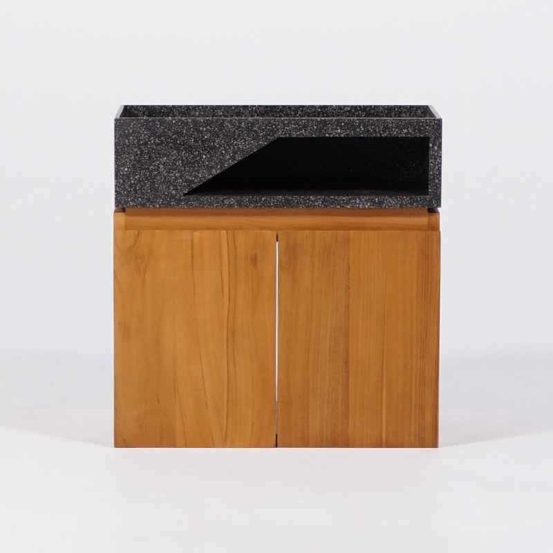 Meuble lave-mains suspendu en bois de teck massif et vasque en terrazzo noir - Tanja