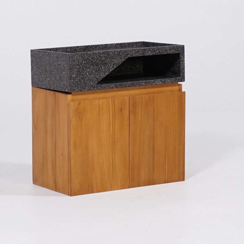 Meuble lave-mains suspendu en bois de teck massif et vasque en terrazzo noir - Tanja
