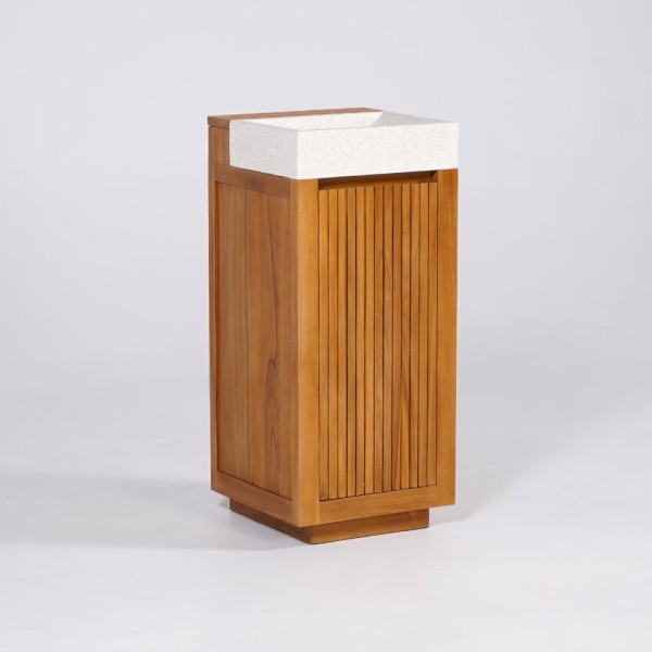 Meuble lave-mains en bois de teck massif et vasque en terrazzo blanc - Kali
