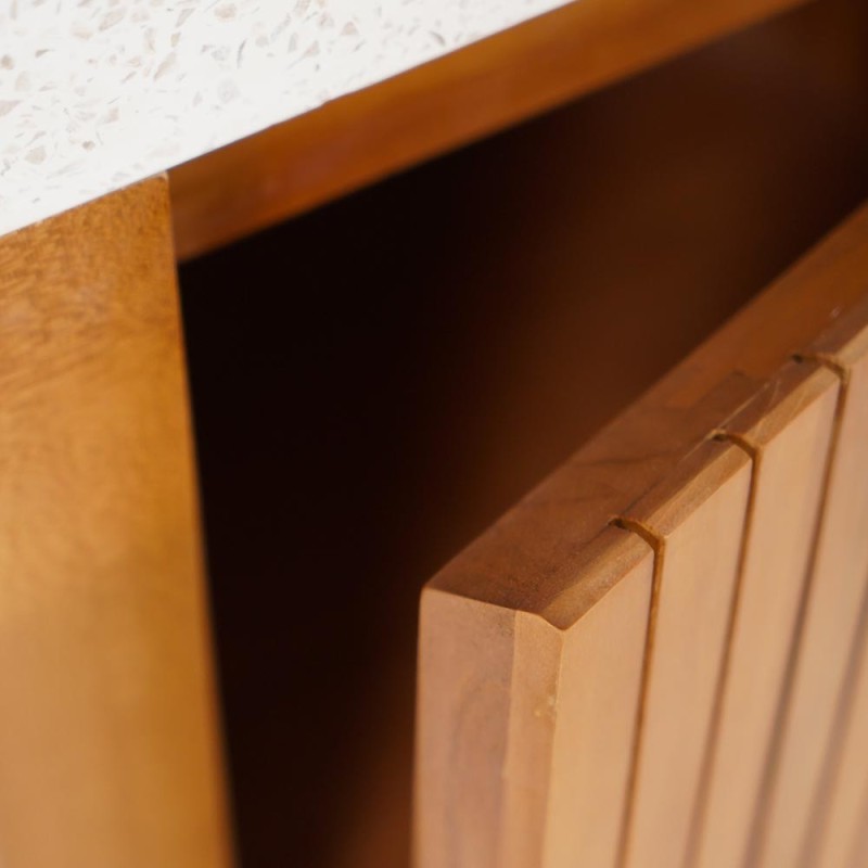 Meuble lave-mains en bois de teck massif et vasque en terrazzo blanc - Kali