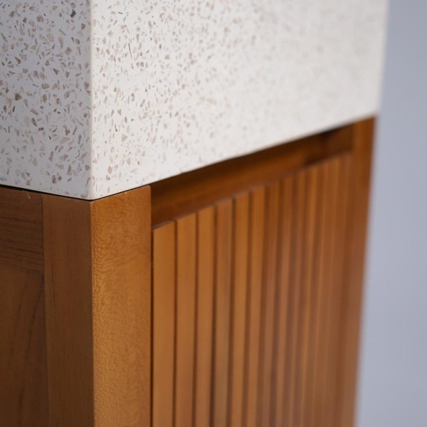 Meuble lave-mains en bois de teck massif et vasque en terrazzo blanc - Kali
