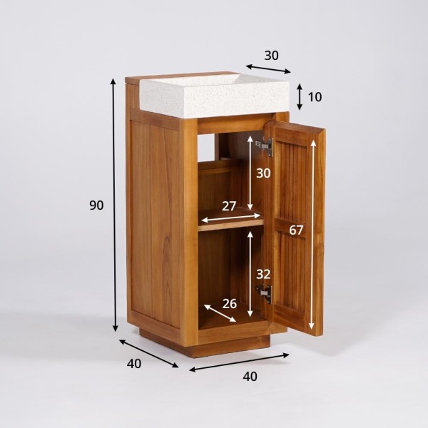 Meuble lave-mains en bois de teck massif et vasque en terrazzo blanc - Kali