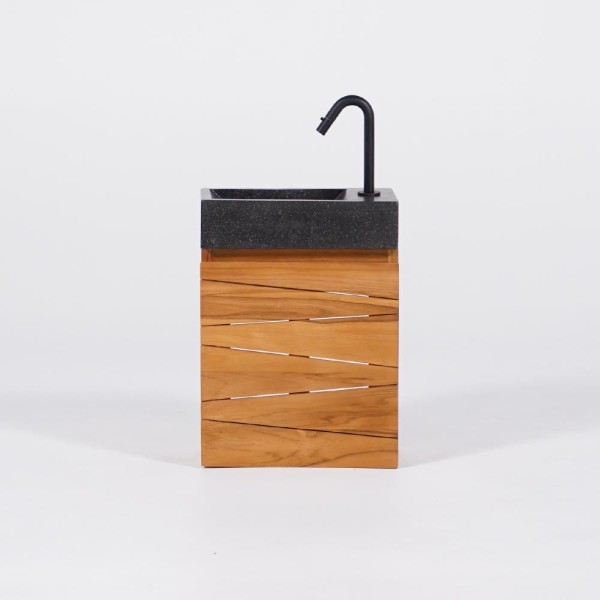 Meuble lave-mains suspendu en bois de teck massif et vasque en terrazzo noir - Rehana