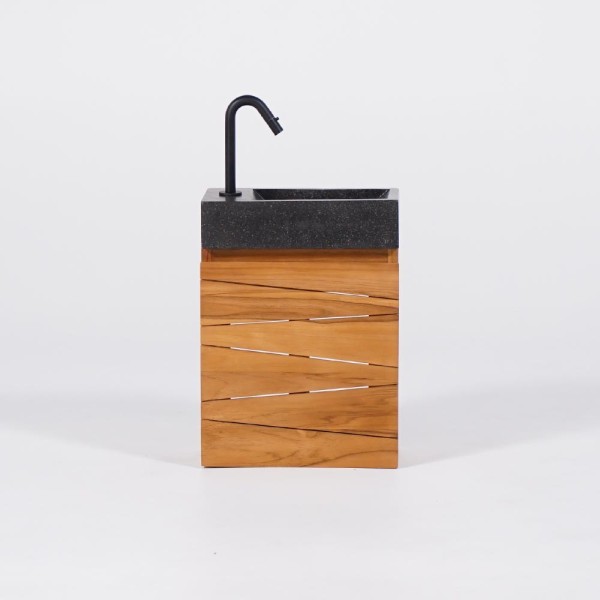 Meuble lave-mains suspendu en bois de teck massif et vasque en terrazzo noir - Rehana