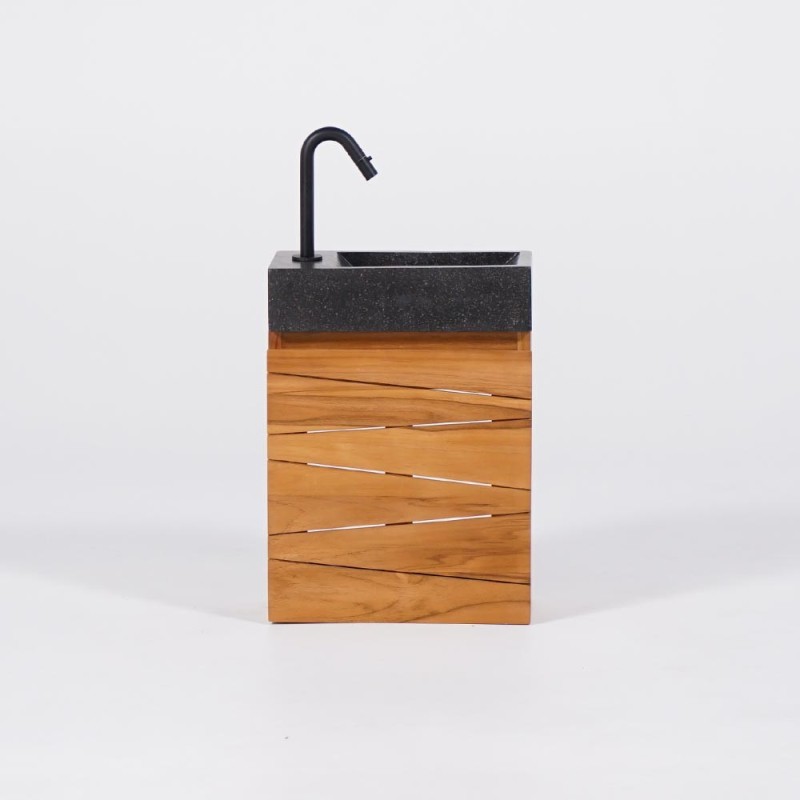Meuble lave-mains suspendu en bois de teck massif et vasque en terrazzo noir - Rehana