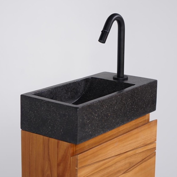 Meuble lave-mains suspendu en bois de teck massif et vasque en terrazzo noir - Rehana