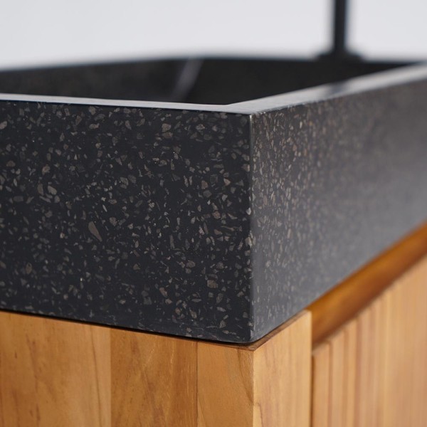 Meuble lave-mains suspendu en bois de teck massif et vasque en terrazzo noir - Nila