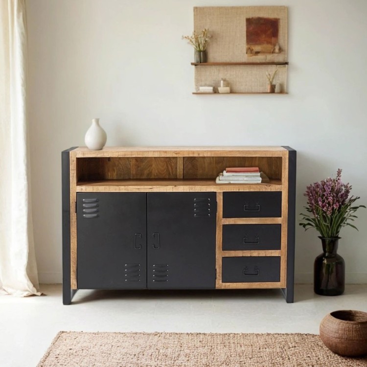 Buffet industriel en bois massif avec 2 portes et 3 tiroirs en métal noir 150 cm - Kansas