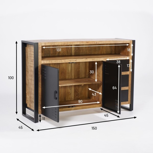 Buffet industriel en bois massif avec 2 portes et 3 tiroirs en métal noir 150 cm - Kansas
