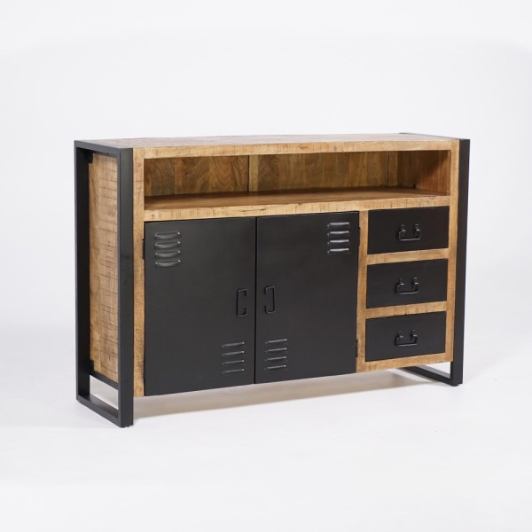 Buffet industriel en bois massif avec 2 portes et 3 tiroirs en métal noir 150 cm - Kansas