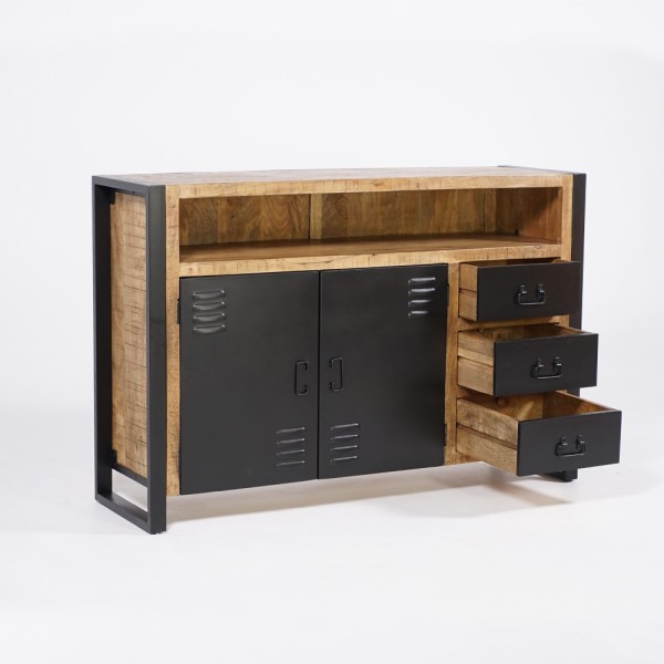 Buffet industriel en bois massif avec 2 portes et 3 tiroirs en métal noir 150 cm - Kansas