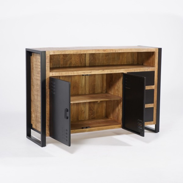 Buffet industriel en bois massif avec 2 portes et 3 tiroirs en métal noir 150 cm - Kansas