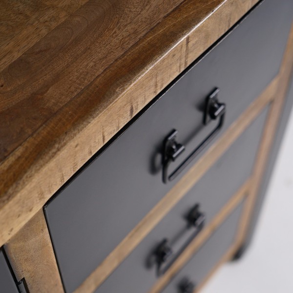 Buffet industriel en bois massif avec 2 portes et 3 tiroirs en métal noir 150 cm - Kansas