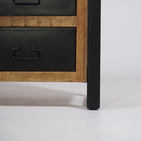 Buffet industriel en bois massif avec 2 portes et 3 tiroirs en métal noir 150 cm - Kansas