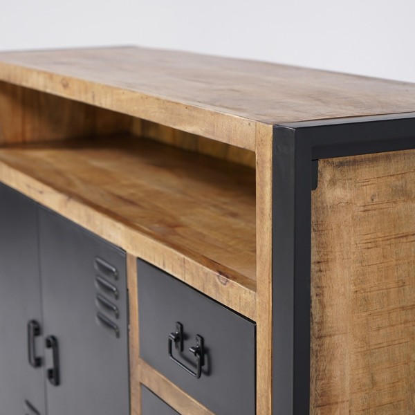 Buffet industriel en bois massif avec 2 portes et 3 tiroirs en métal noir 150 cm - Kansas