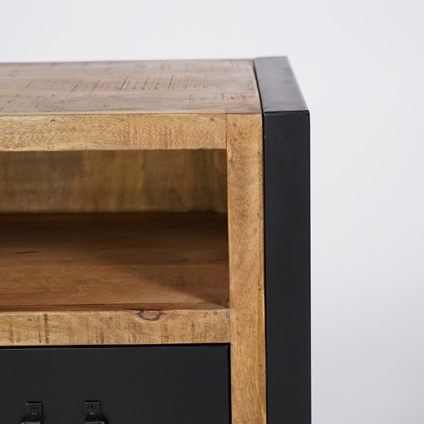 Buffet industriel en bois massif avec 2 portes et 3 tiroirs en métal noir 150 cm - Kansas