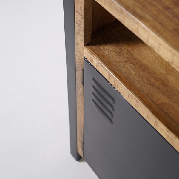 Buffet industriel en bois massif avec 2 portes et 3 tiroirs en métal noir 150 cm - Kansas