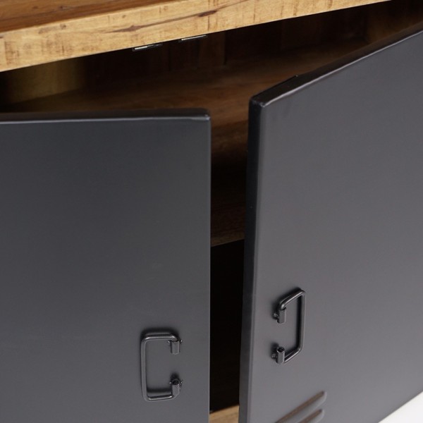 Buffet industriel en bois massif avec 2 portes et 3 tiroirs en métal noir 150 cm - Kansas