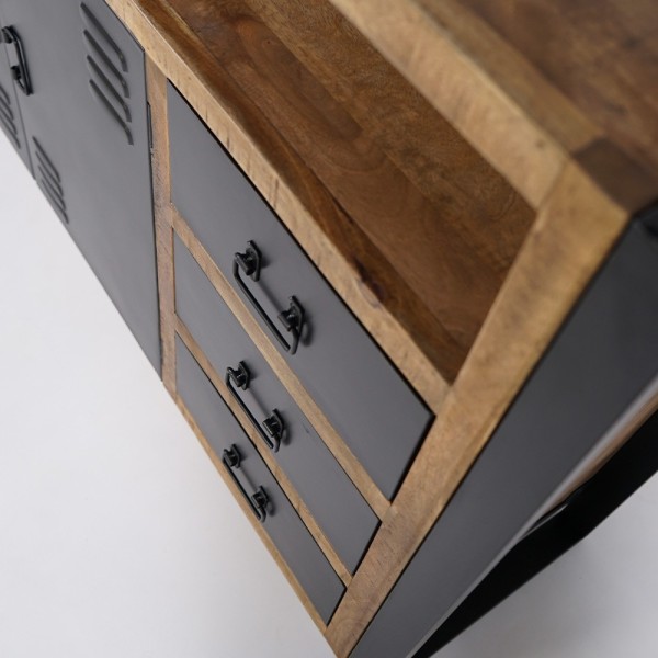 Buffet industriel en bois massif avec 2 portes et 3 tiroirs en métal noir 150 cm - Kansas