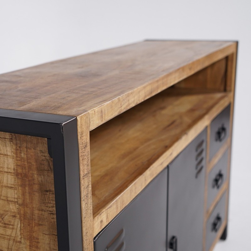 Buffet industriel en bois massif avec 2 portes et 3 tiroirs en métal noir 150 cm - Kansas