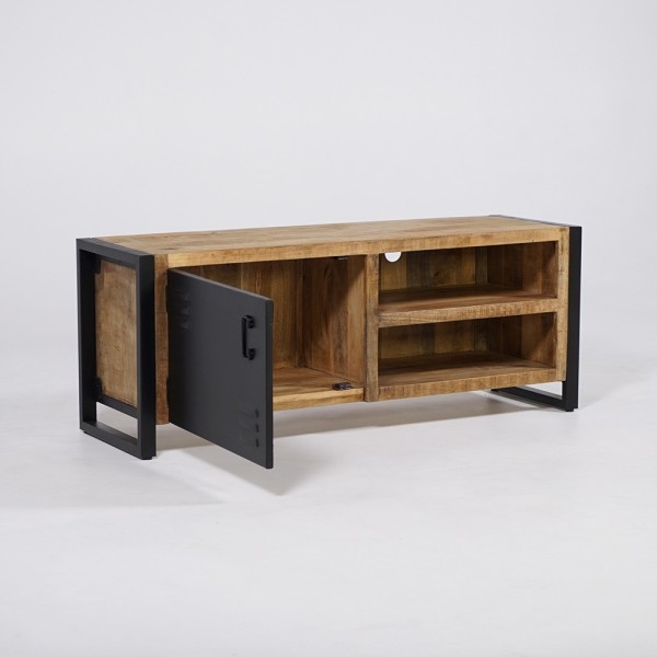 Petit meuble TV industriel 130 cm en bois massif avec porte en métal noir - Kansas