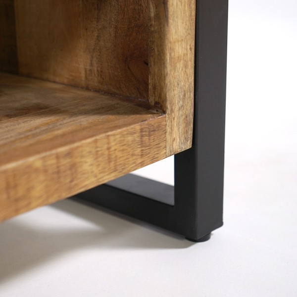 Petit meuble TV industriel 130 cm en bois massif avec porte en métal noir - Kansas