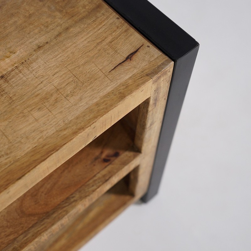 Petit meuble TV industriel 130 cm en bois massif avec porte en métal noir - Kansas