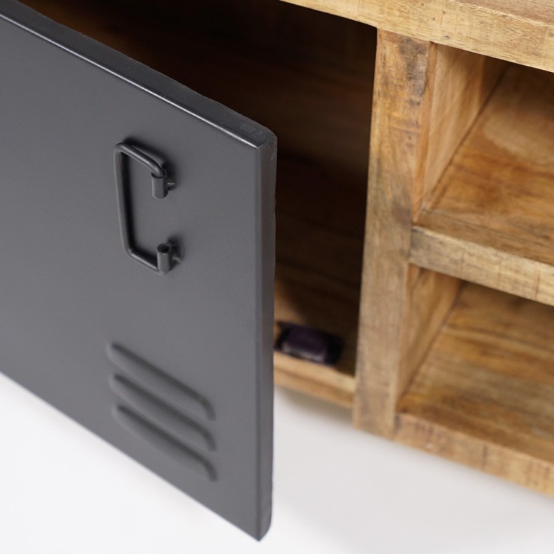 Petit meuble TV industriel 130 cm en bois massif avec porte en métal noir - Kansas
