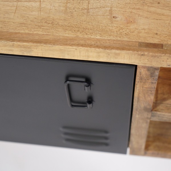 Petit meuble TV industriel 130 cm en bois massif avec porte en métal noir - Kansas