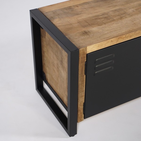 Petit meuble TV industriel 130 cm en bois massif avec porte en métal noir - Kansas
