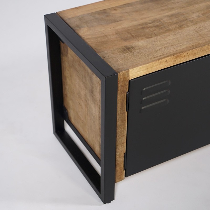 Petit meuble TV industriel 130 cm en bois massif avec porte en métal noir - Kansas