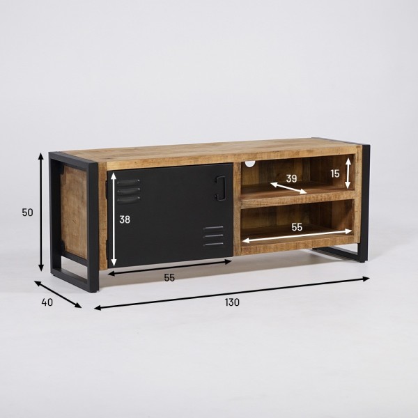 Petit meuble TV industriel 130 cm en bois massif avec porte en métal noir - Kansas
