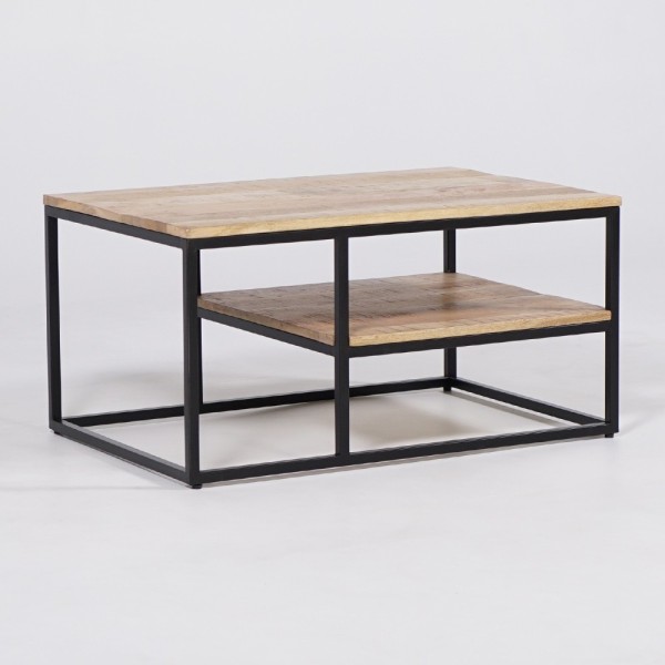 Table basse en bois avec plateau inférieur et structure en métal