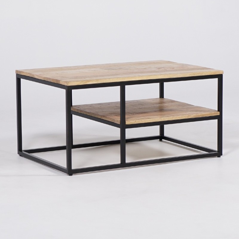 Table basse en bois avec plateau inférieur et structure en métal
