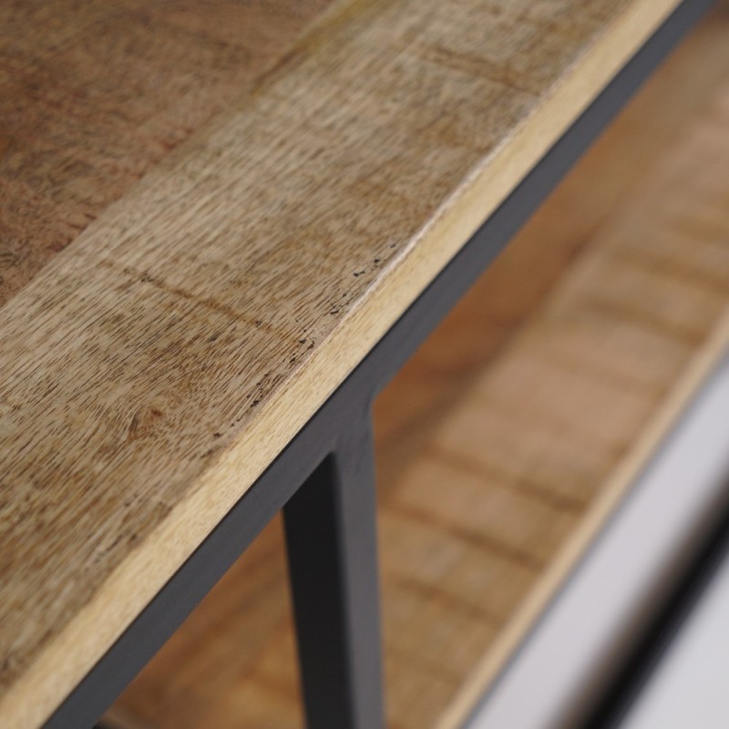 Table basse en bois avec plateau inférieur et structure en métal