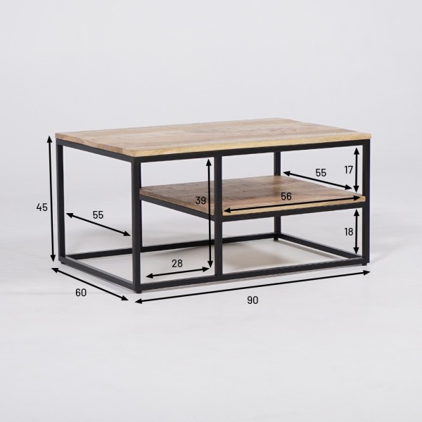 Table basse en bois avec plateau inférieur et structure en métal