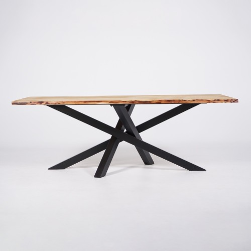 Table de salle à manger en bois massif à pied mikado en métal et bords naturels 180 cm