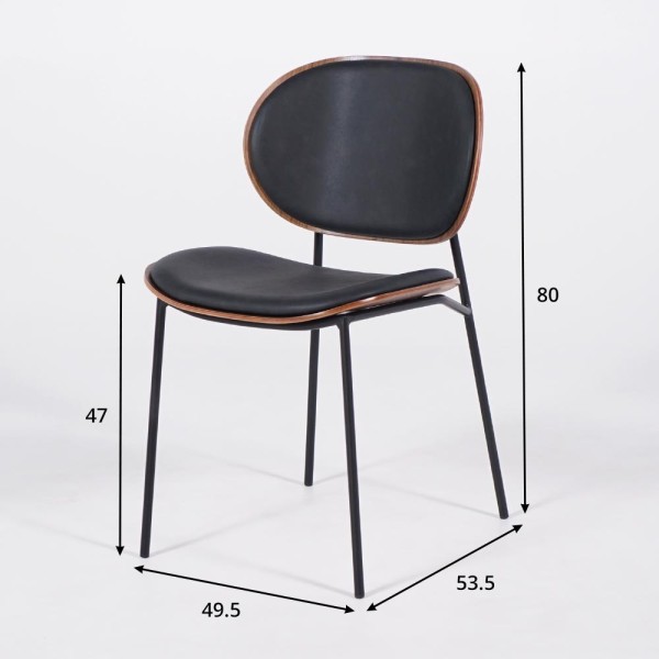 Chaise de salle à manger en cuir synthétique noir, noyer et pieds en métal noir - Clementina