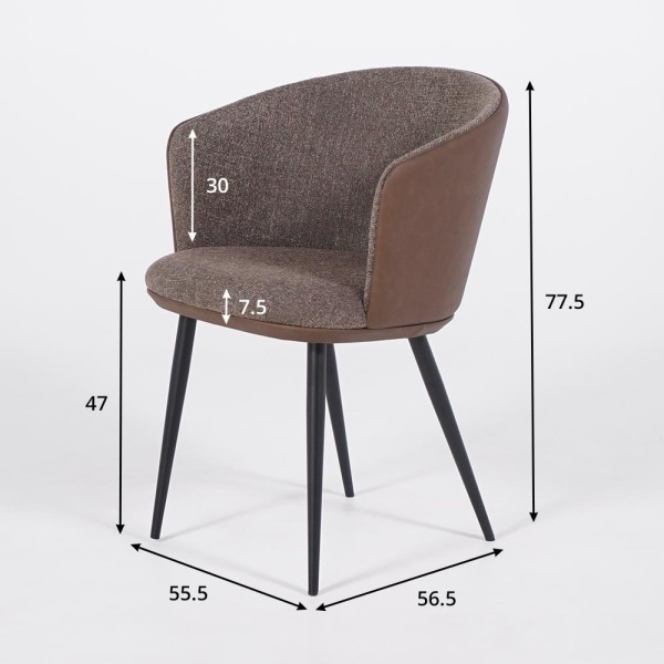 Chaise de salle à manger en tissu bouclé marron, cuir synthétique marron et pieds en métal noir - Hey
