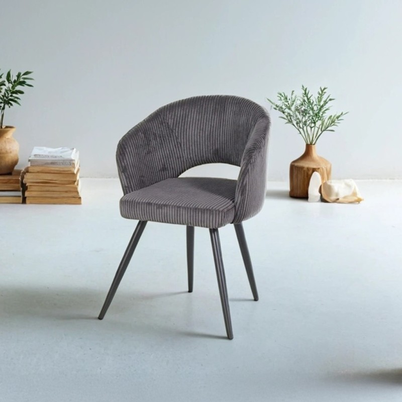 Chaise de salle à manger en velours gris et pieds en métal noir - Maple